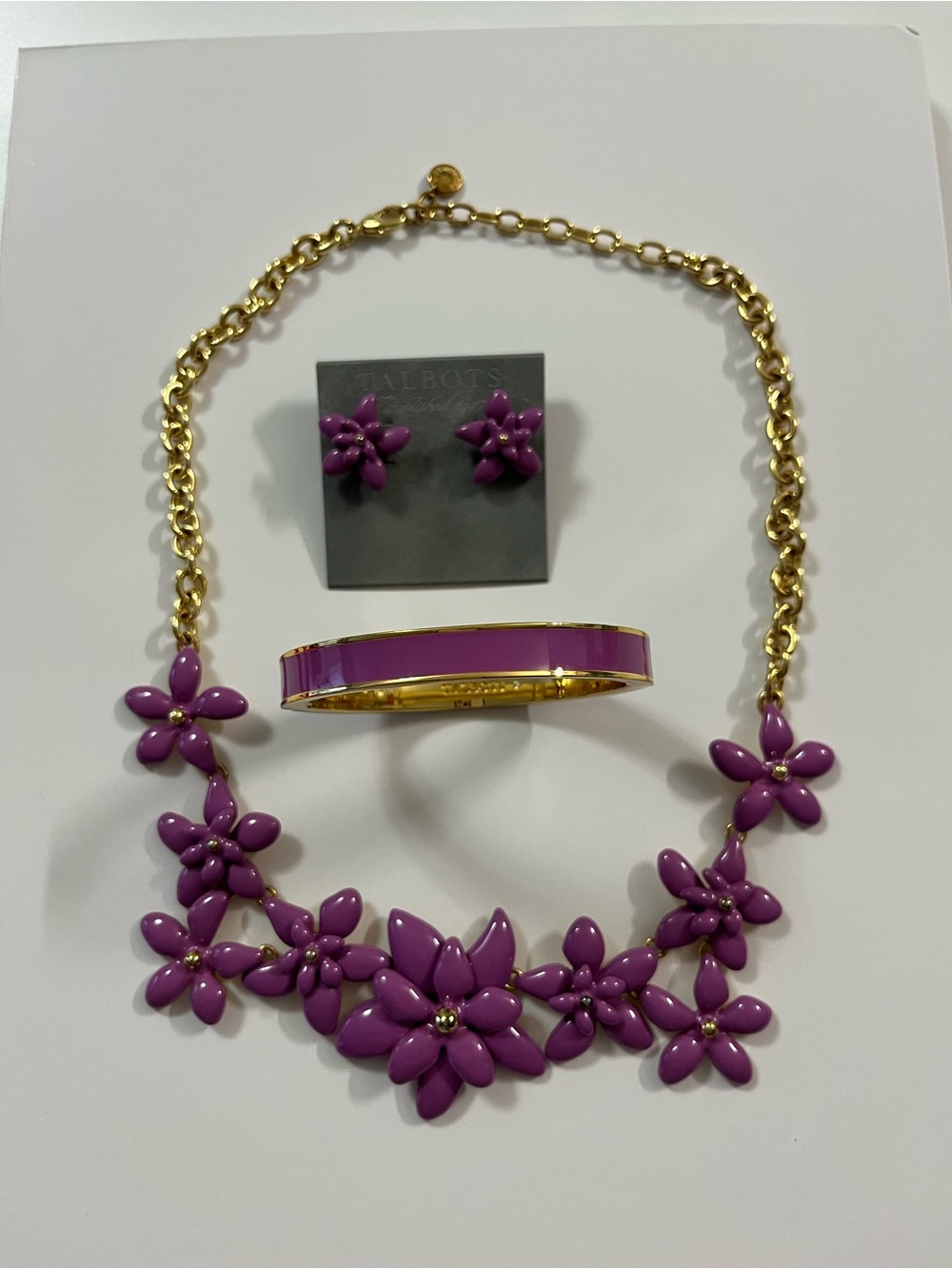 Talbots Purple Enamel Floral Statement Necklace, Earrings & Bangle Set